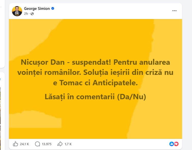 George Simion inițiază un sondaj pe Facebook pentru suspendarea lui Nicușor Dan